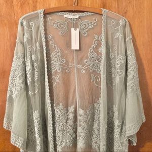 Anthropologie Green Lace Embroidered Floral Kimono